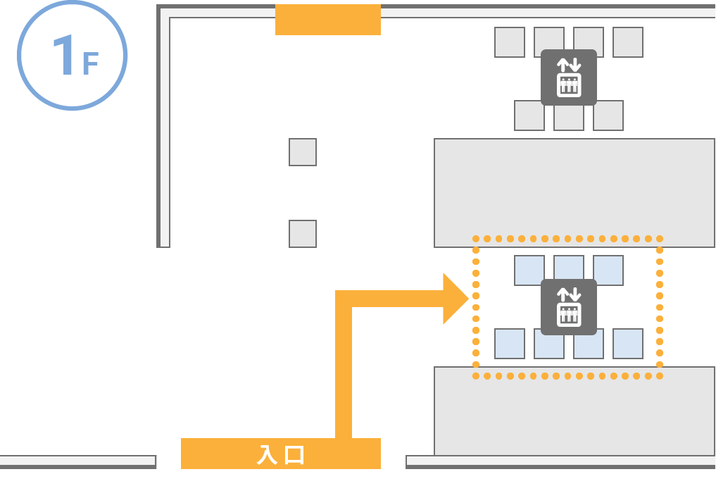入り口から2箇所のエレベーターホールへの経路図